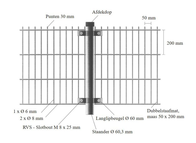 Schematische weergave van dubbelstaafmathekwerk 8-6-8 van Hekwerk Soest B.V.